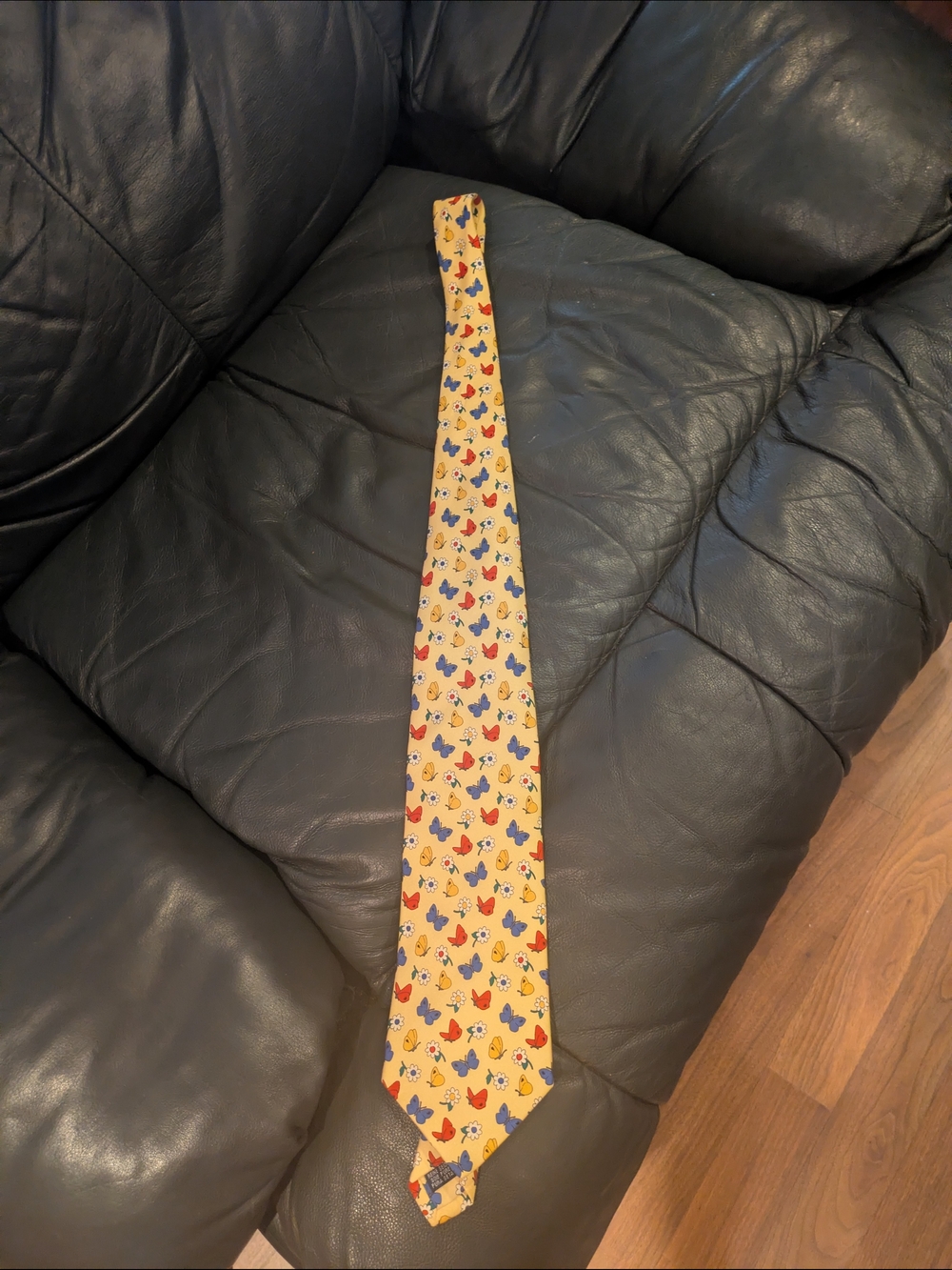 Burberry yellow Novelty Tie with Red Blue and yellow butterfly